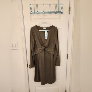 Olive Long-Sleeve Knot-Front Women’s Dress